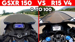 GSXR 150 VS R15 V4  0 TO 100  TOPSPEED BATTLE [upl. by Annelise631]