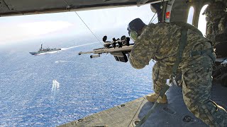 Skilled US Marines Door Gunner Shoots Targets From Moving Helicopter at Sea [upl. by Drucill]